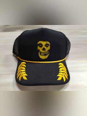 Black Trucker Hat Gold Misfits Skull & Captain hat embroidery, punk
